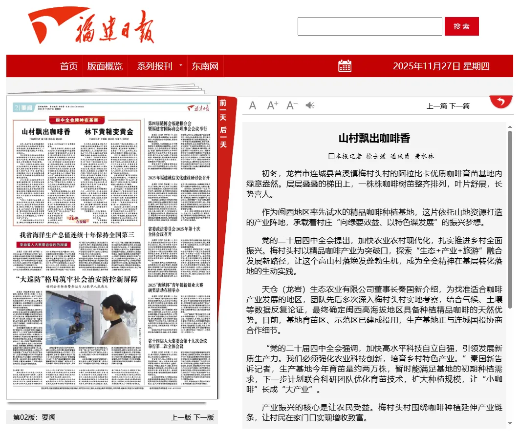 【主流媒體看連城】《福建日報》報道！山村飄出咖啡香